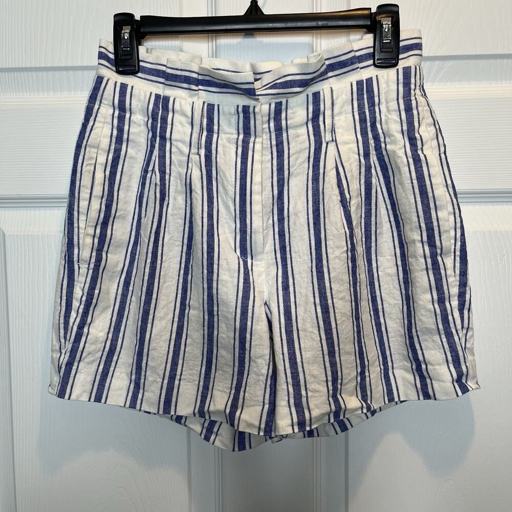 Boden 2 Linen Cotton Blend Blue/White Striped Paperbag Shorts 4" Womens